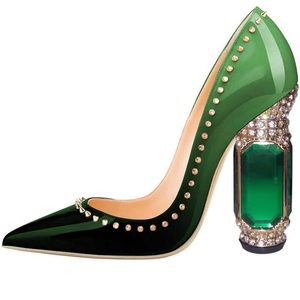 Green Jewelled Chunky Heels with Spike Detail